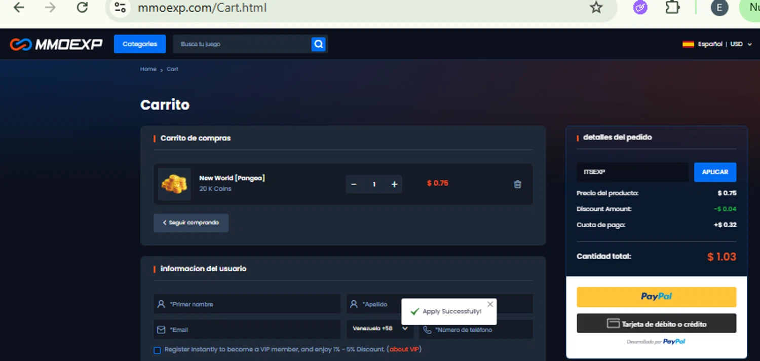 MMOExp coupon code screenshot showing code ITSEXP applied at MMOExp checkout page. Uploaded by SimplyCodes community member CashMaestro9337 on Nov 14, 2025