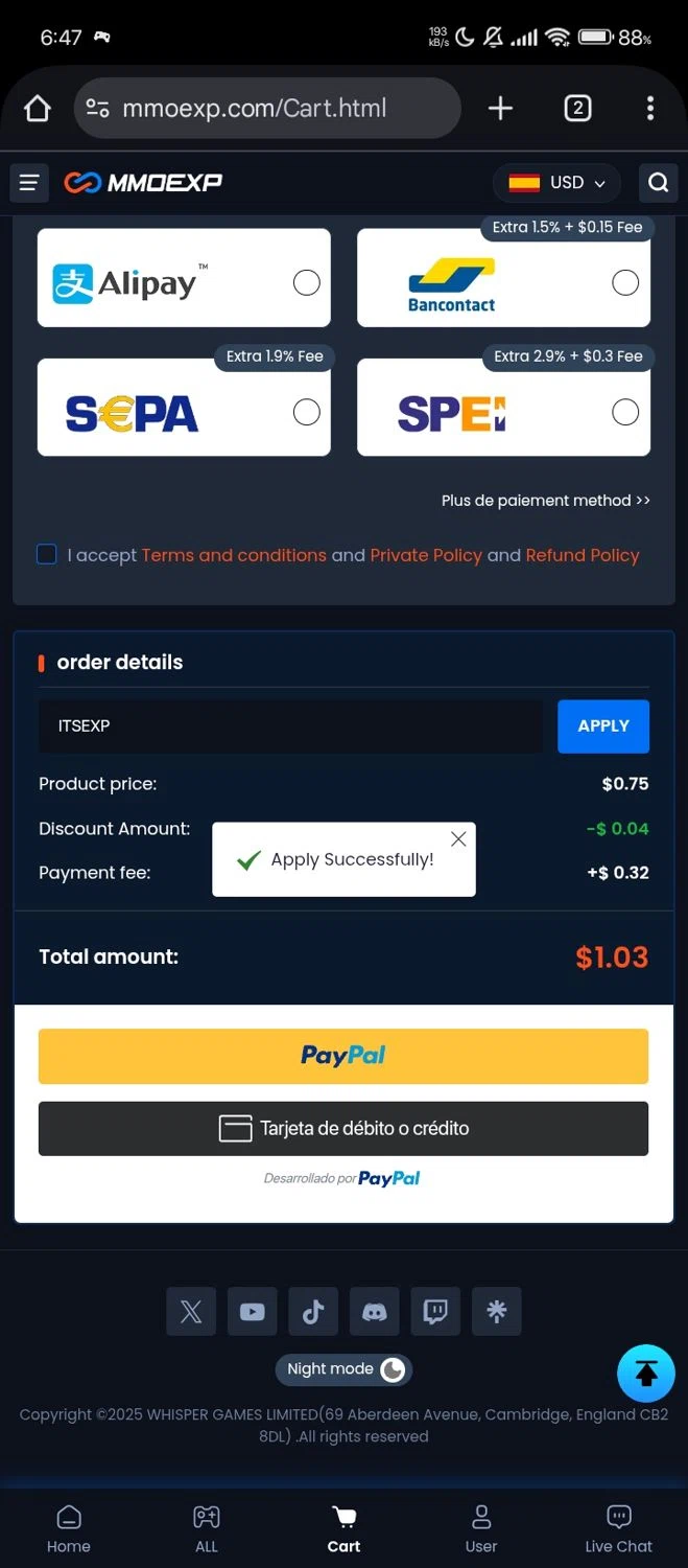 MMOExp coupon code screenshot showing code ITSEXP applied at MMOExp checkout page. Uploaded by SimplyCodes community member Jutdcv on Nov 14, 2025