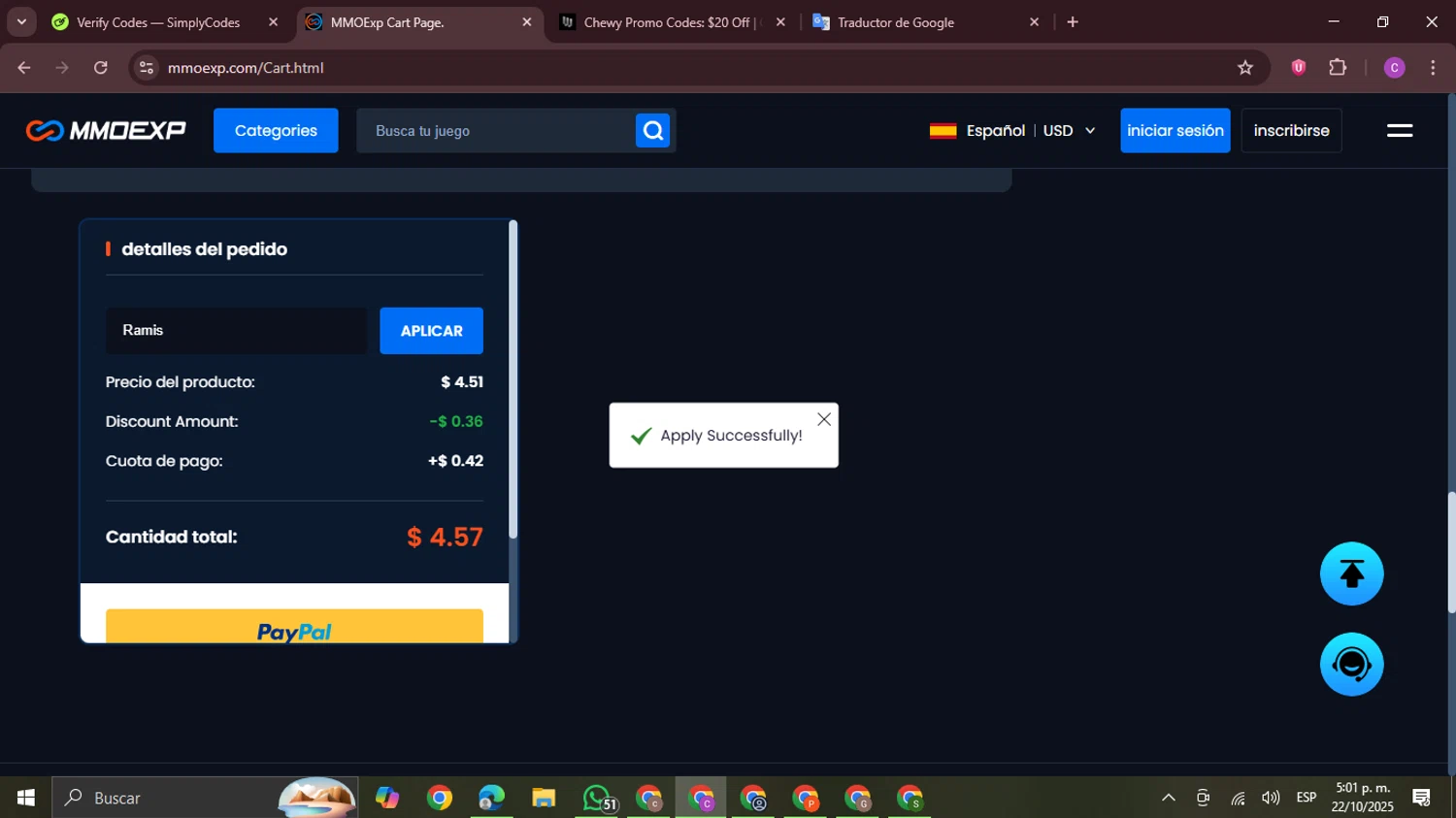 MMOExp coupon code screenshot showing code Ramis applied at MMOExp checkout page. Uploaded by SimplyCodes community member FrugalPro5078 on Oct 22, 2025