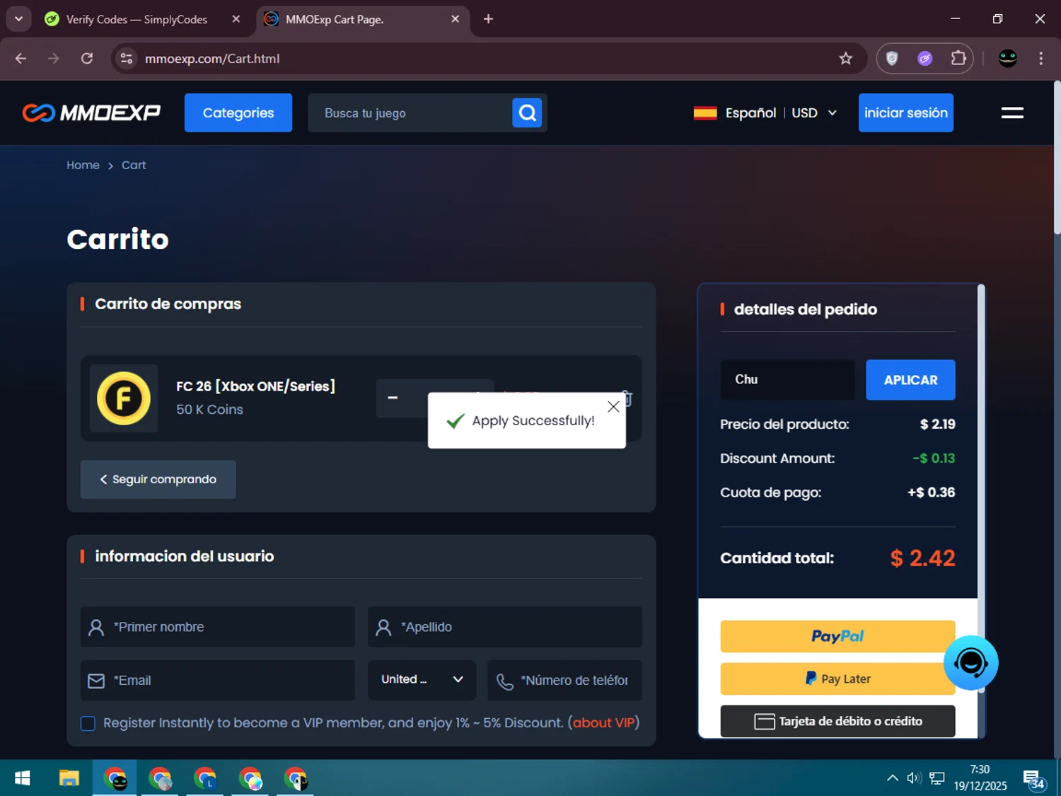 MMOExp coupon code screenshot showing code Chu applied at MMOExp checkout page. Uploaded by SimplyCodes community member BargainWizard5755 on Dec 19, 2025