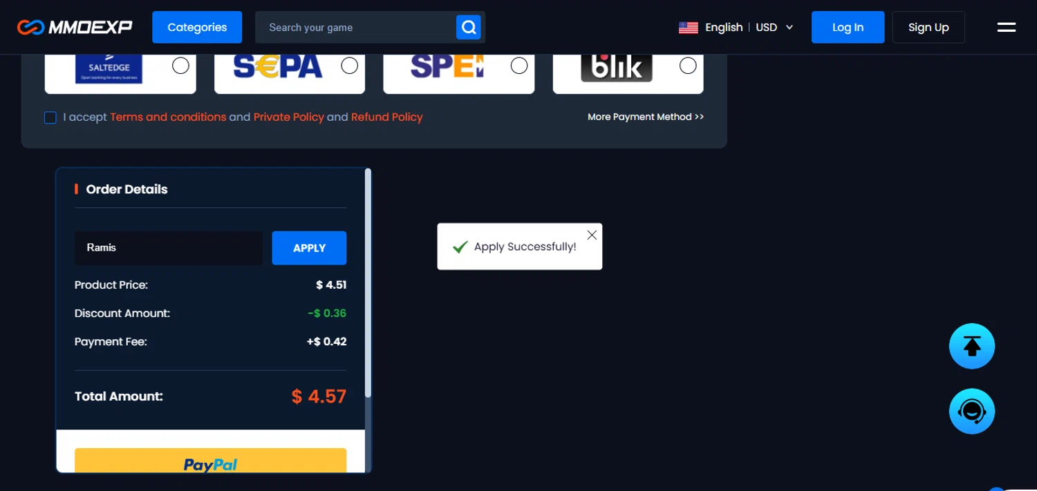 MMOExp coupon code screenshot showing code Ramis applied at MMOExp checkout page. Uploaded by SimplyCodes community member juanisaac on Oct 22, 2025