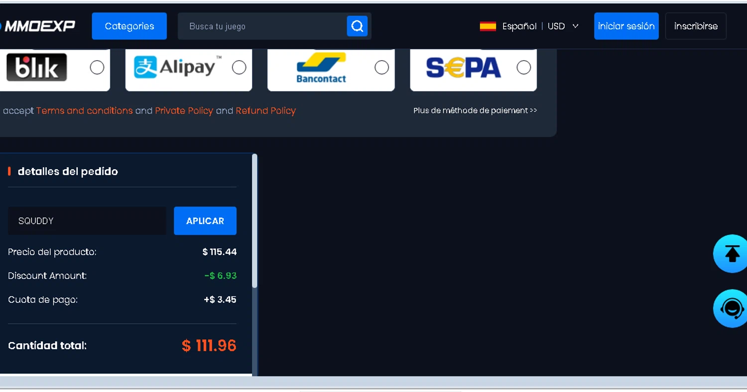 MMOExp coupon code screenshot showing code SQUDDY applied at MMOExp checkout page. Uploaded by SimplyCodes community member shark12 on Nov 7, 2025