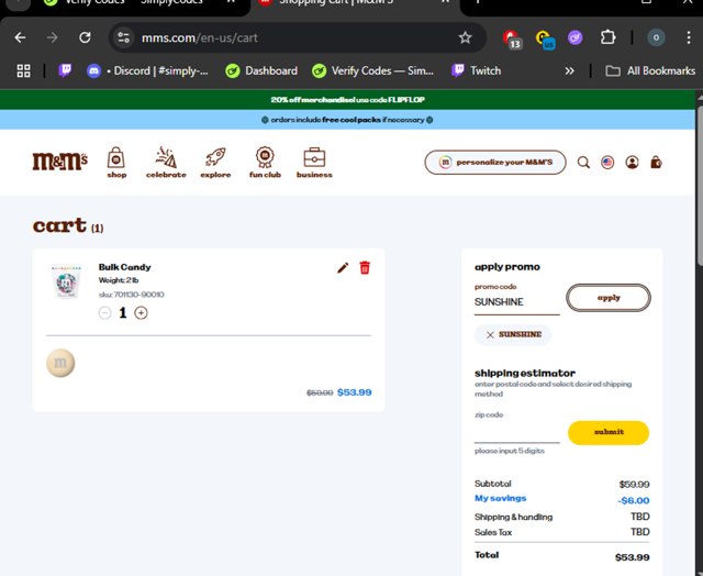 M&M's checkout page showing M&M's promo code box | Screenshot taken by SimplyCodes community member on Aug 22, 2025