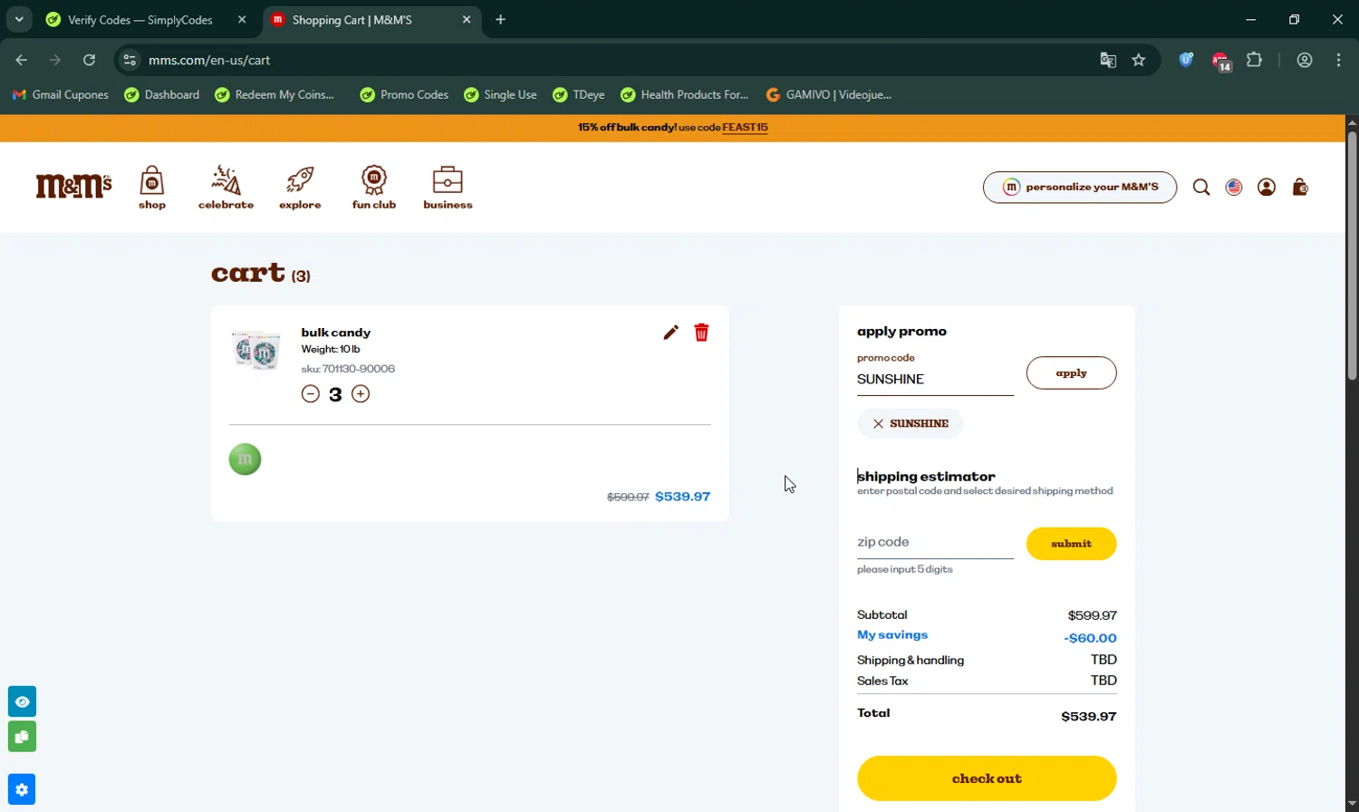 M&M's promo code screenshot showing code SUNSHINE applied at M&M's checkout page. Uploaded by SimplyCodes community member LHaunter on Nov 4, 2025