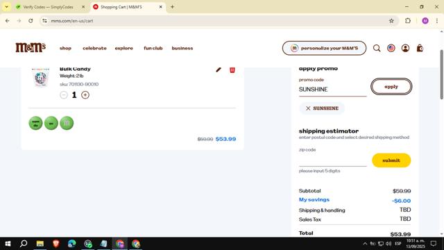 M&M's checkout page showing M&M's promo code box | Screenshot taken by SimplyCodes community member on Sep 13, 2025