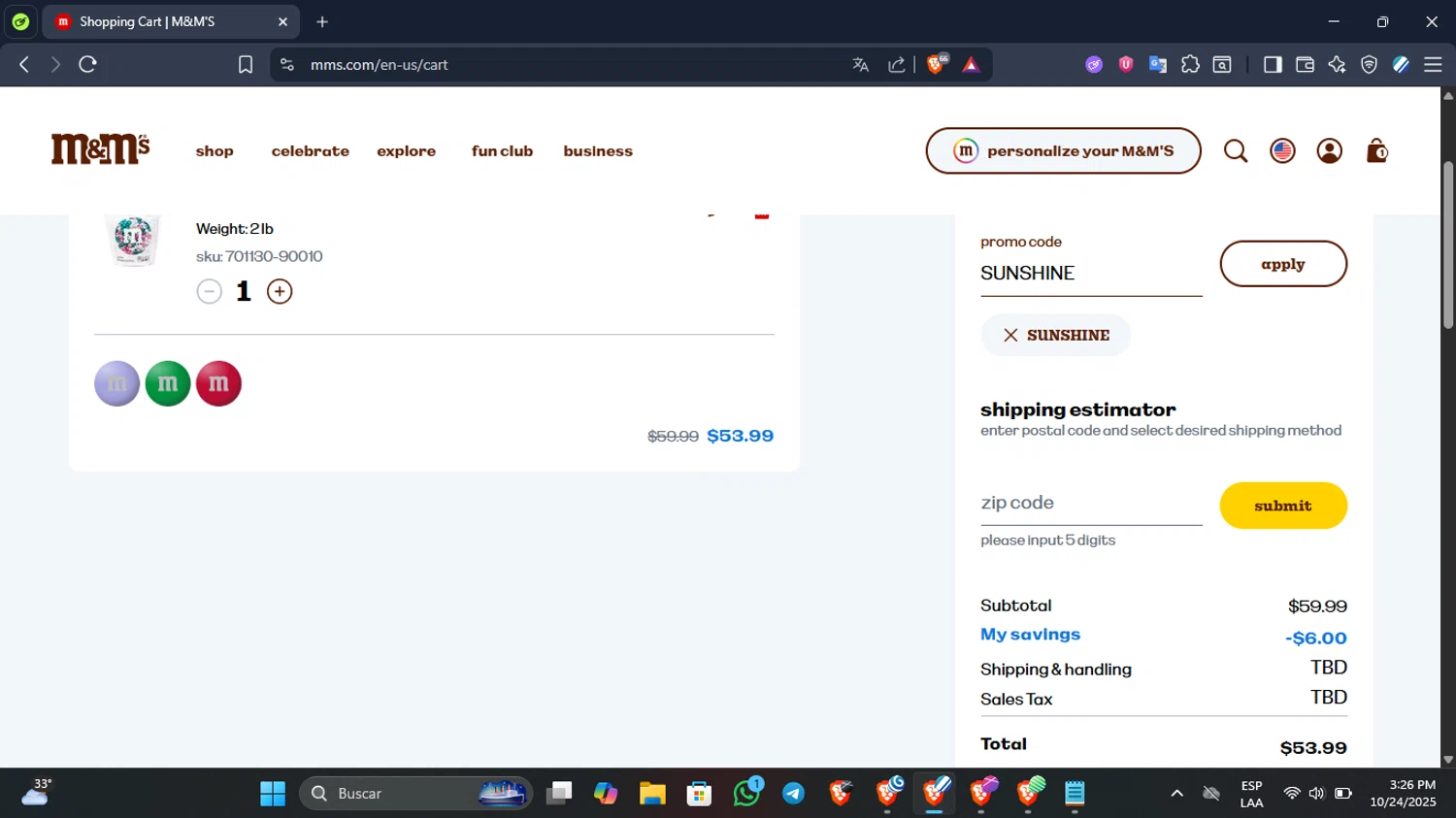 M&M's promo code screenshot showing code SUNSHINE applied at M&M's checkout page. Uploaded by SimplyCodes community member QuestScholar3007 on Oct 24, 2025