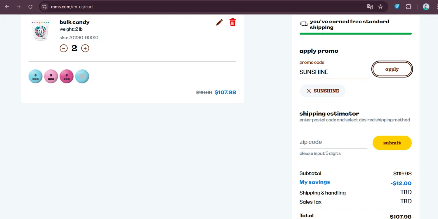M&M's promo code screenshot showing code SUNSHINE applied at M&M's checkout page. Uploaded by SimplyCodes community member elgatobravo on Dec 7, 2025