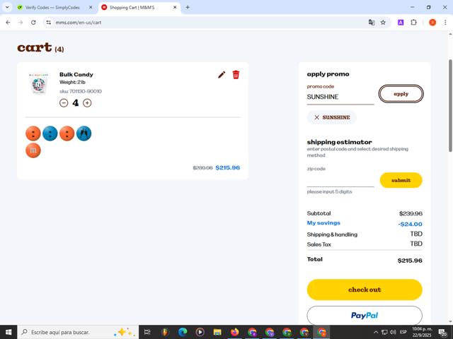 M&M's checkout page showing M&M's promo code box | Screenshot taken by SimplyCodes community member on Sep 23, 2025