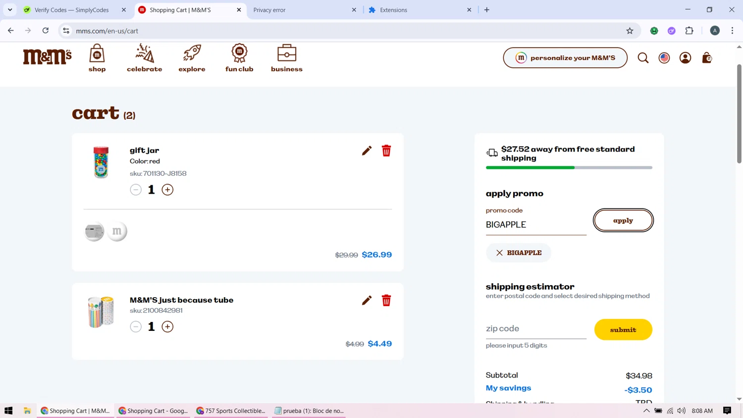 M&M's promo code screenshot showing code BIGAPPLE applied at M&M's checkout page. Uploaded by SimplyCodes community member BonusMonarch7015 on Nov 14, 2025