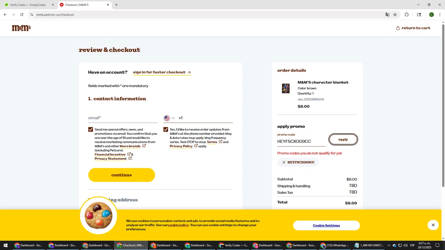M&M's promo code screenshot showing code HEYFSCXOG9CC applied at M&M's checkout page. Uploaded by SimplyCodes community member DUCATI on Dec 28, 2025