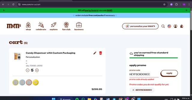 M&M's checkout page showing M&M's promo code box | Screenshot taken by SimplyCodes community member on Aug 16, 2025