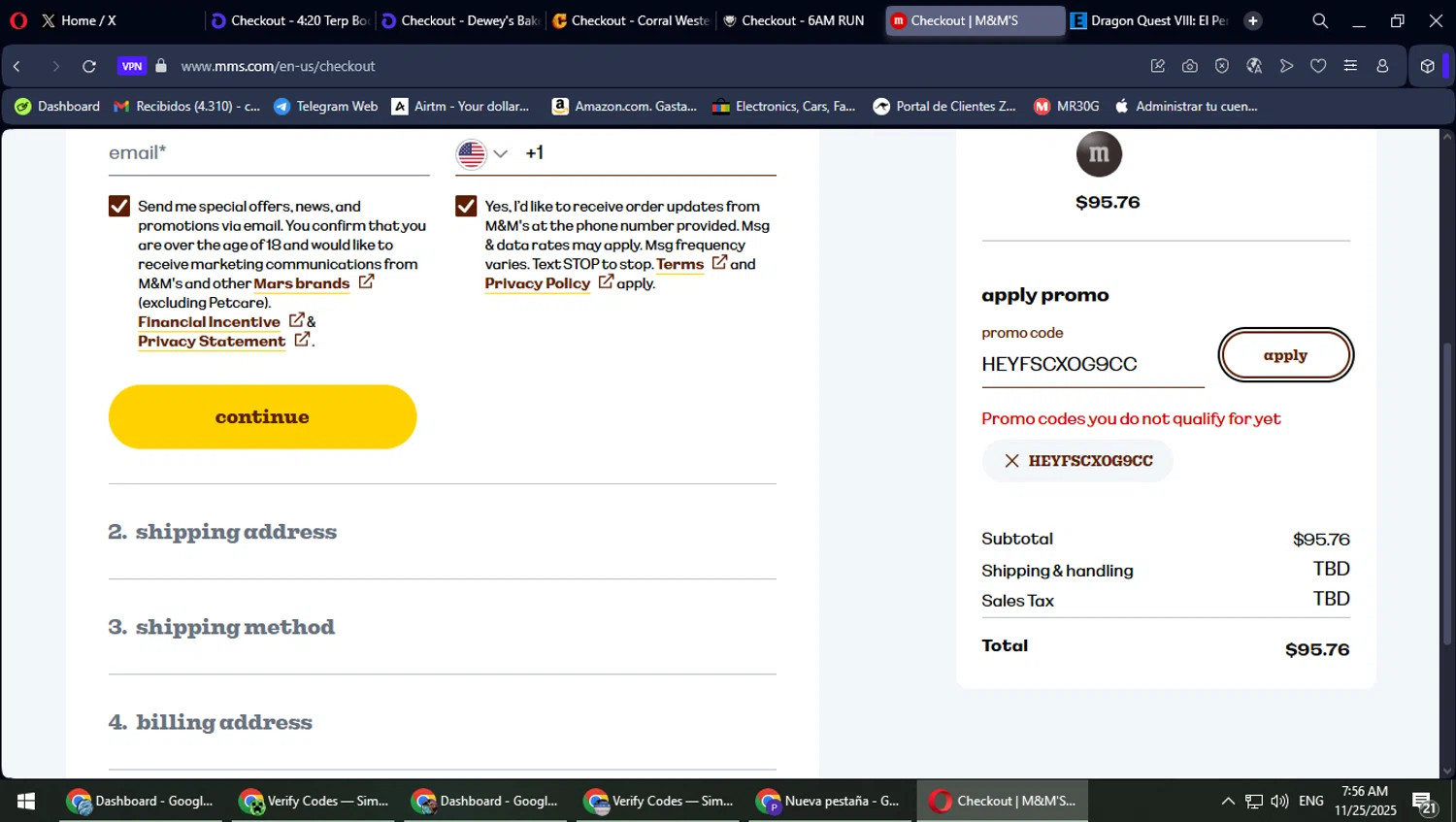 M&M's promo code screenshot showing code HEYFSCXOG9CC applied at M&M's checkout page. Uploaded by SimplyCodes community member MaitoGai on Nov 25, 2025
