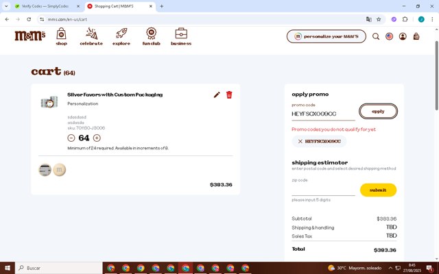 M&M's checkout page showing M&M's promo code box | Screenshot taken by SimplyCodes community member on Aug 27, 2025
