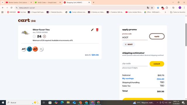 M&M's checkout page showing M&M's promo code box | Screenshot taken by SimplyCodes community member on Sep 21, 2025