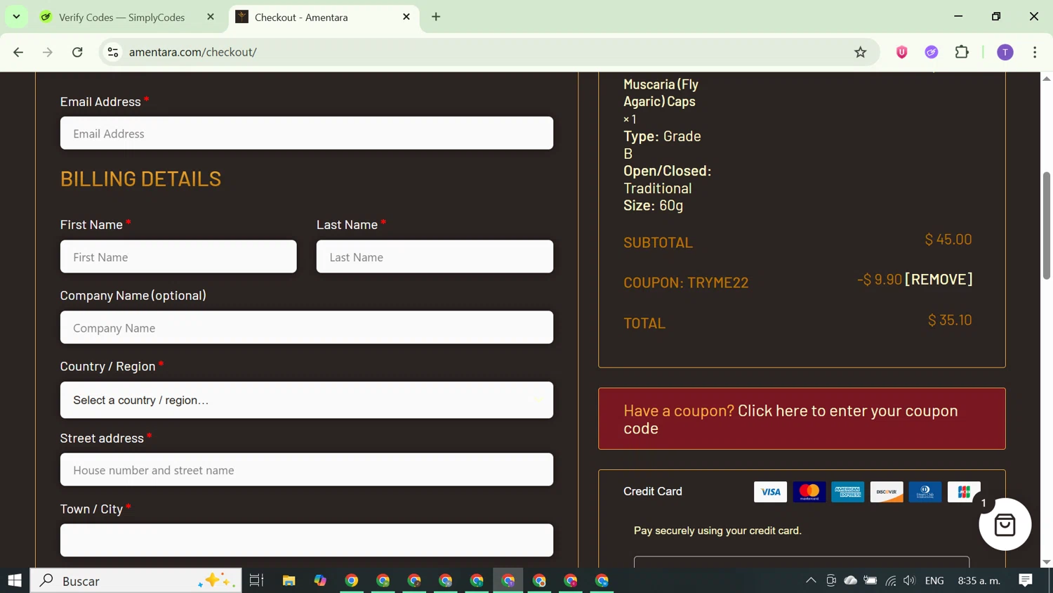 MN Nice Ethnobotanicals discount code screenshot showing code TRYME22 applied at MN Nice Ethnobotanicals checkout page. Uploaded by SimplyCodes community member FortunateCurator5882 on Nov 10, 2025