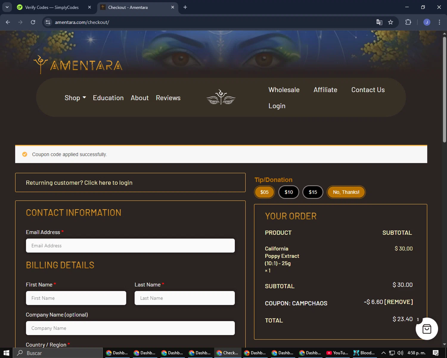 MN Nice Ethnobotanicals discount code screenshot showing code CAMPCHAOS applied at MN Nice Ethnobotanicals checkout page. Uploaded by SimplyCodes community member CouponGuardian8137 on Feb 1, 2026