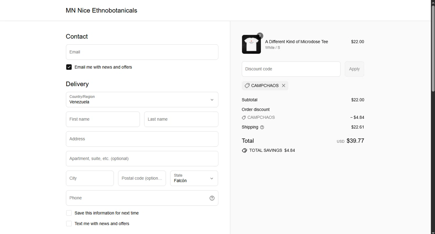 MN Nice Ethnobotanicals discount code screenshot showing code CAMPCHAOS applied at MN Nice Ethnobotanicals checkout page. Uploaded by SimplyCodes community member WoskalRevenge on Aug 27, 2025