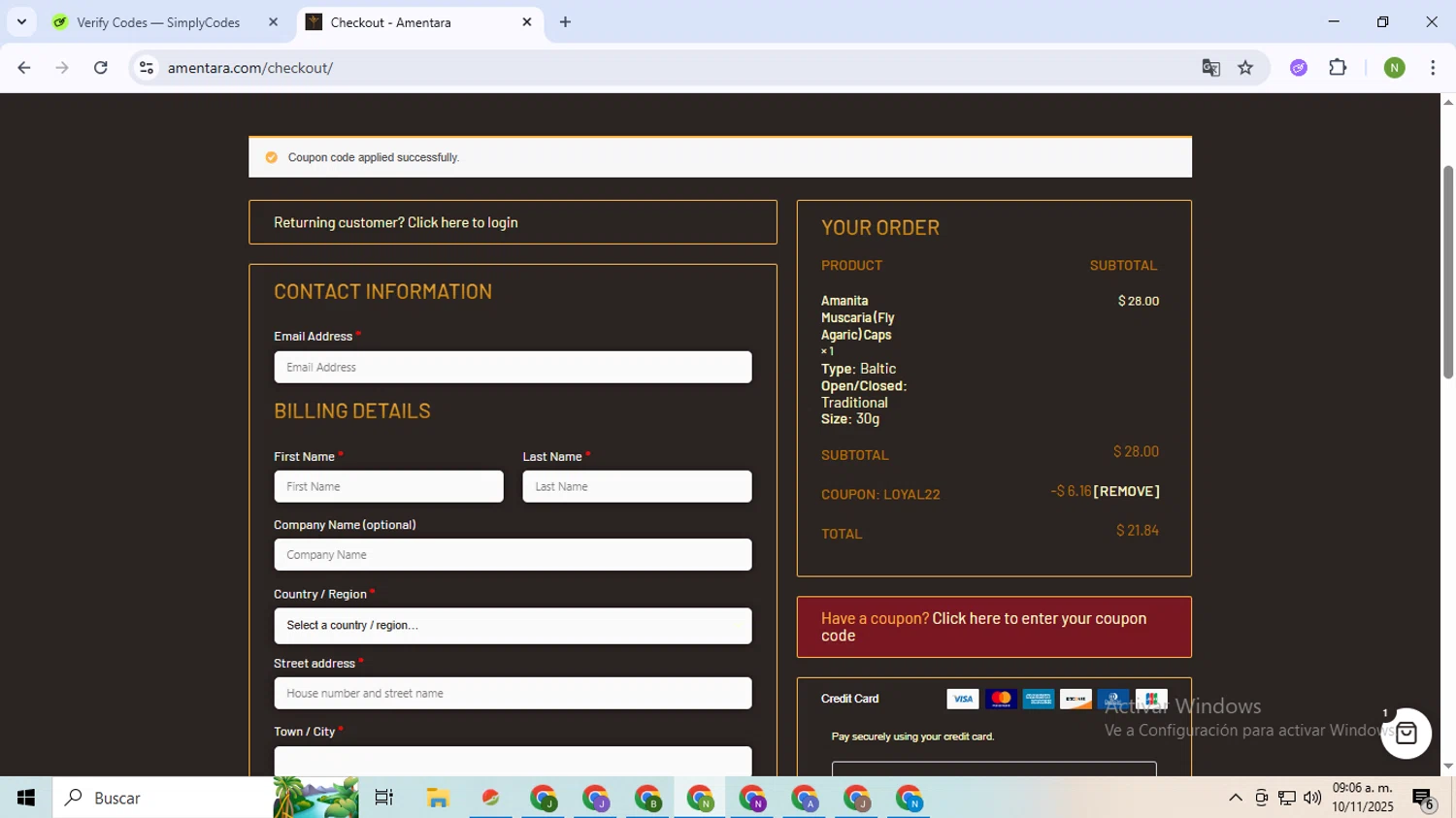MN Nice Ethnobotanicals discount code screenshot showing code loyal22 applied at MN Nice Ethnobotanicals checkout page. Uploaded by SimplyCodes community member TokenMaverick6956 on Nov 10, 2025