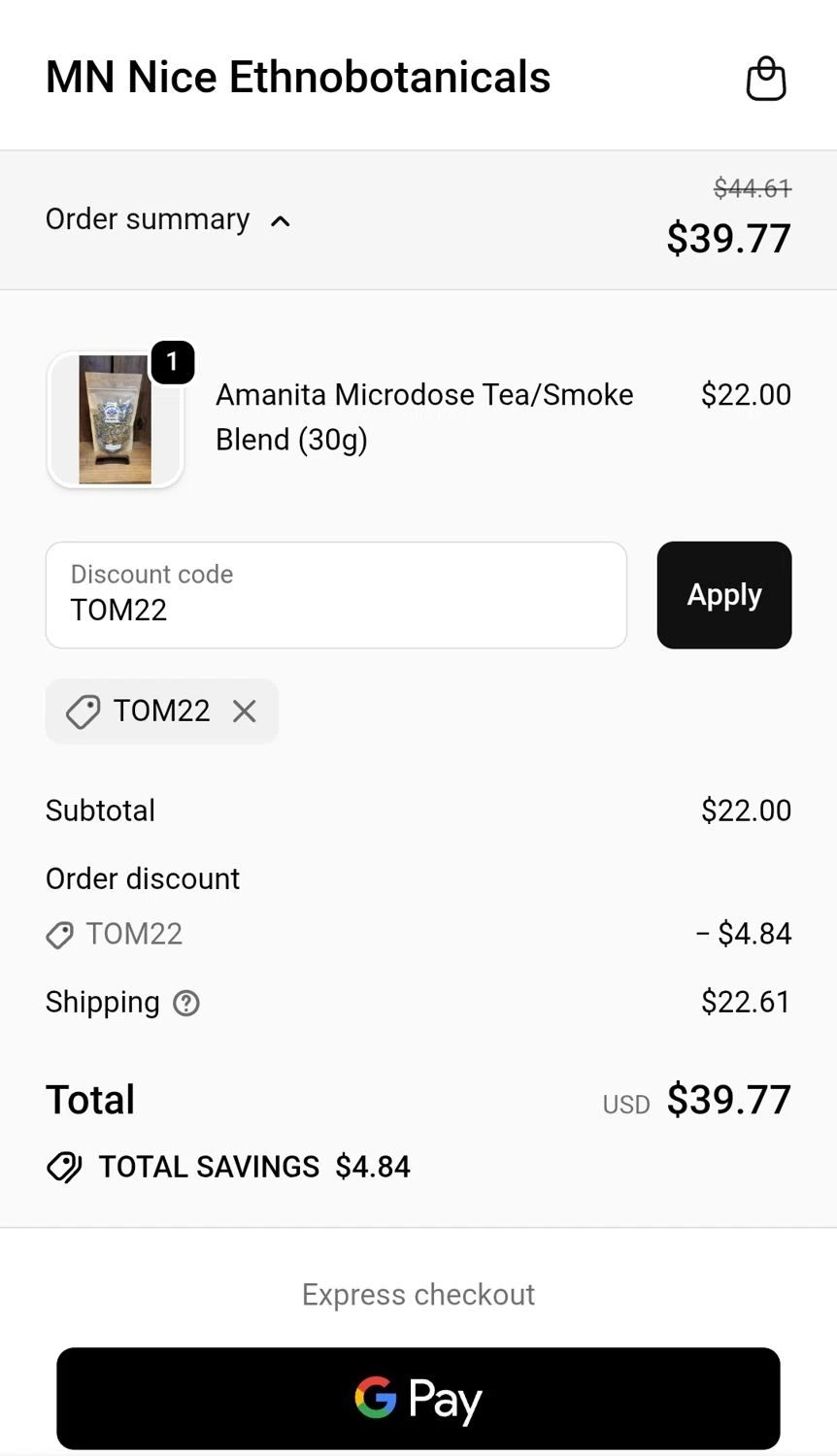 MN Nice Ethnobotanicals discount code screenshot showing code TOM22 applied at MN Nice Ethnobotanicals checkout page. Uploaded by SimplyCodes community member JuanMonge on Sep 30, 2025