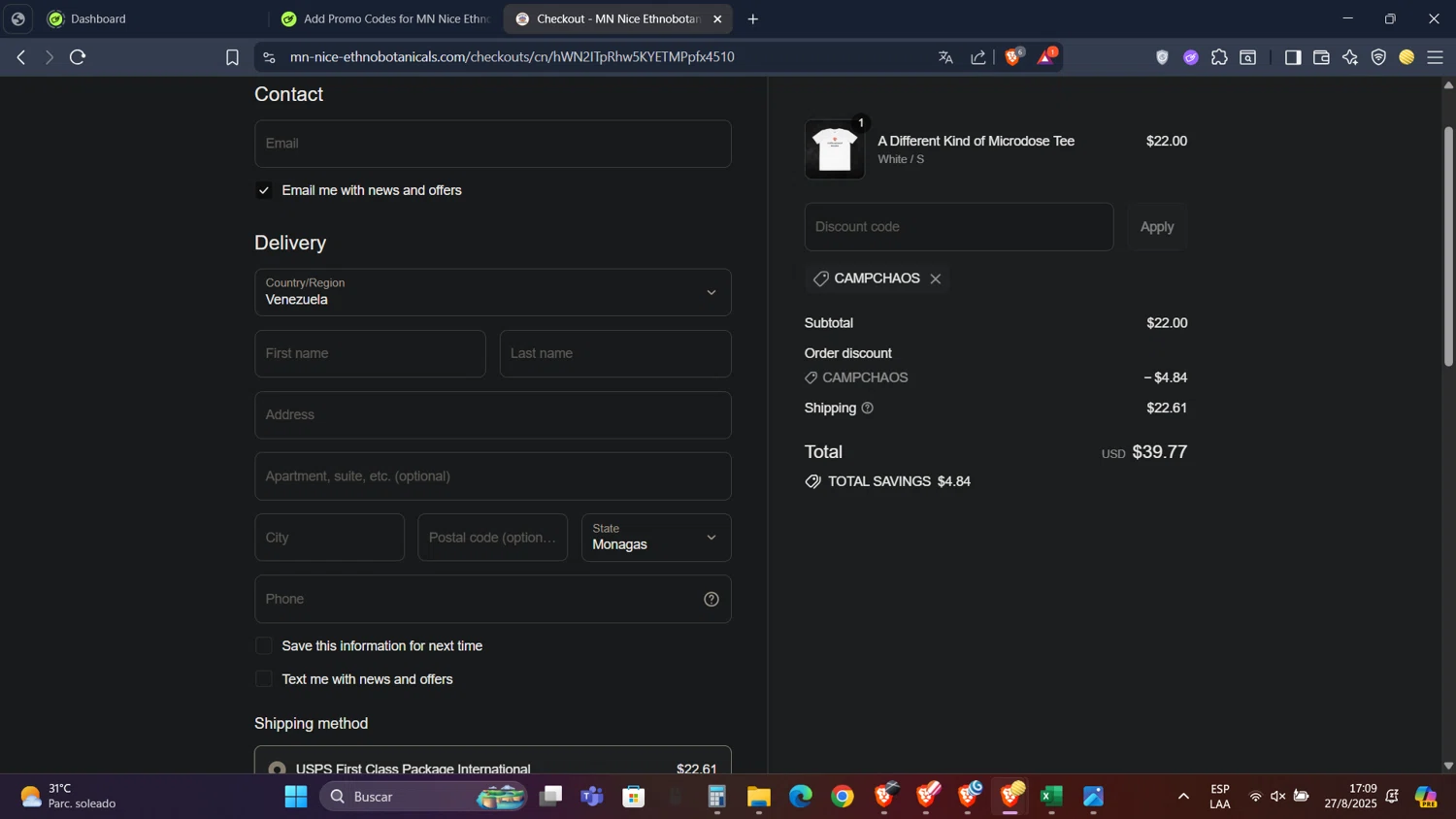 MN Nice Ethnobotanicals discount code screenshot showing code CAMPCHAOS applied at MN Nice Ethnobotanicals checkout page. Uploaded by SimplyCodes community member PennyScholar593 on Aug 27, 2025