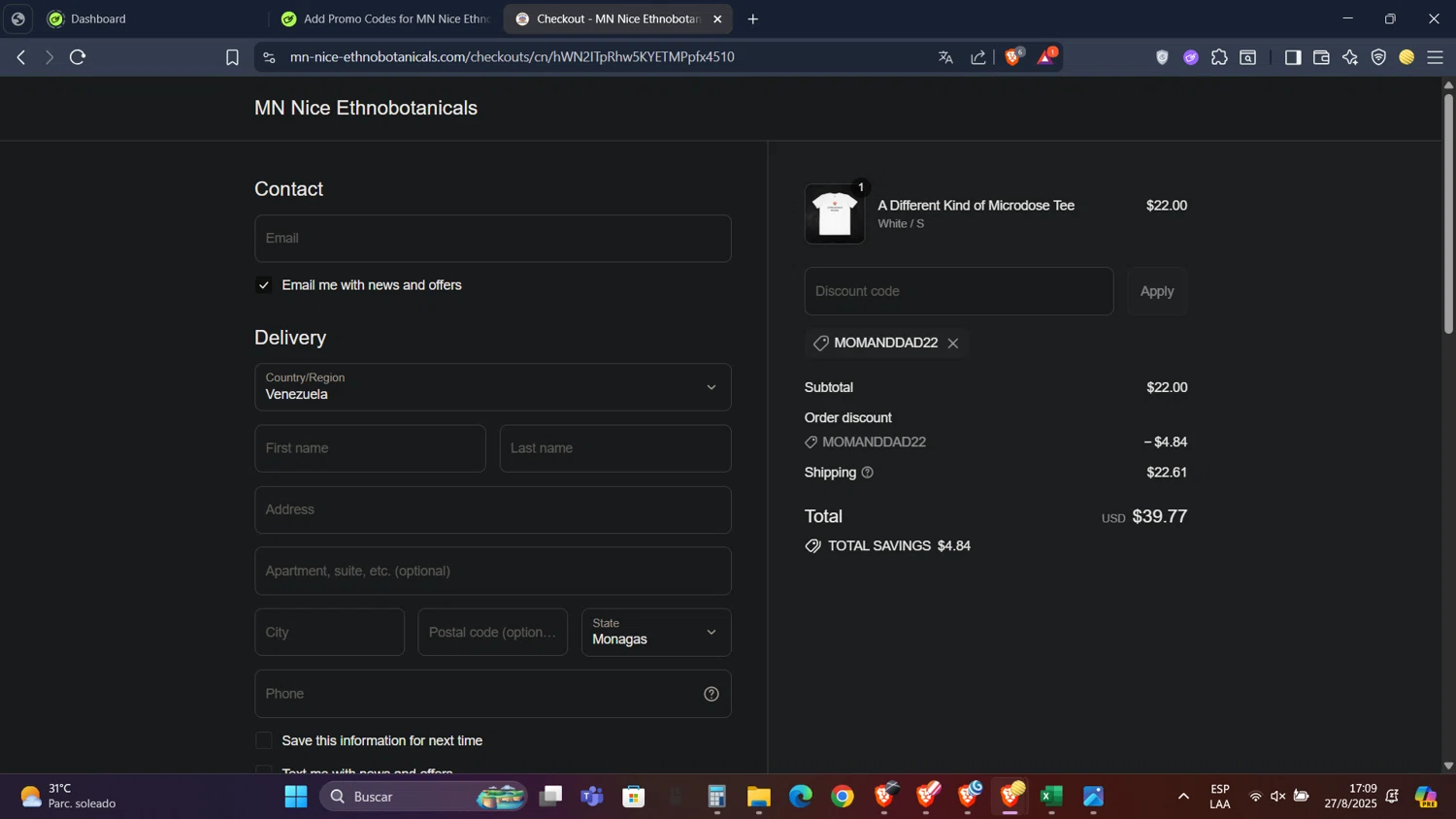 MN Nice Ethnobotanicals discount code screenshot showing code MOMANDDAD22 applied at MN Nice Ethnobotanicals checkout page. Uploaded by SimplyCodes community member PennyScholar593 on Aug 27, 2025