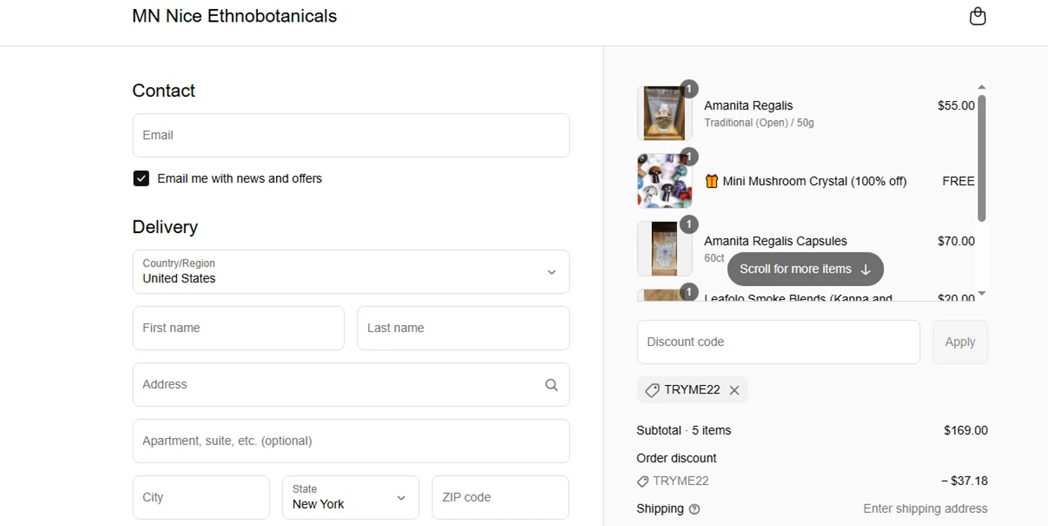 MN Nice Ethnobotanicals discount code screenshot showing code TRYME22 applied at MN Nice Ethnobotanicals checkout page. Uploaded by SimplyCodes community member shark12 on Aug 9, 2025