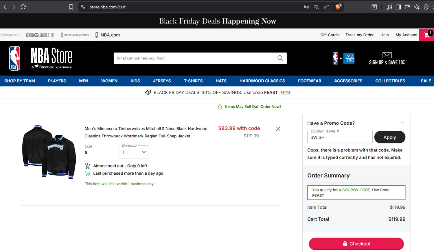 Minnesota Timberwolves promo code screenshot showing code SWISH applied at Minnesota Timberwolves checkout page. Uploaded by SimplyCodes community member crischidy25 on Nov 26, 2025
