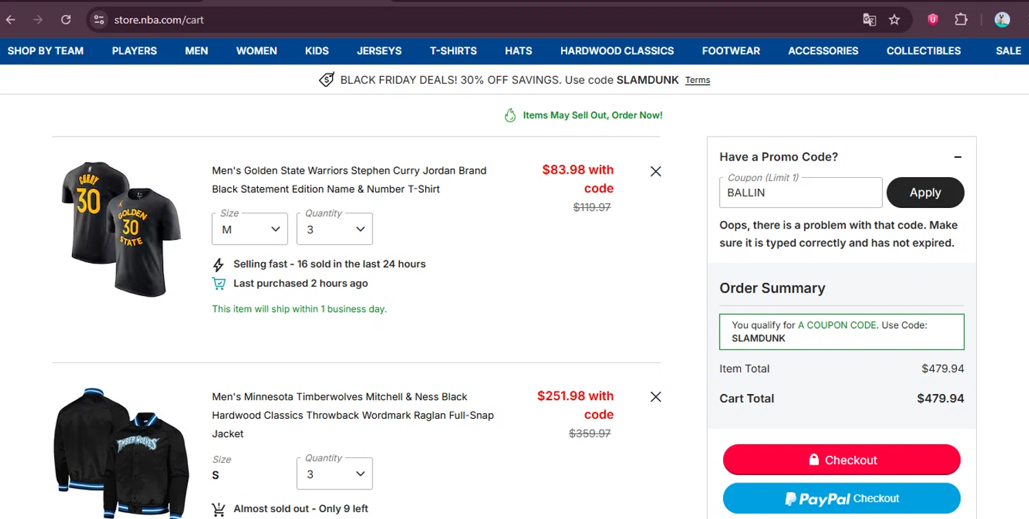 Minnesota Timberwolves promo code screenshot showing code BALLIN applied at Minnesota Timberwolves checkout page. Uploaded by SimplyCodes community member elgatobravo on Nov 25, 2025