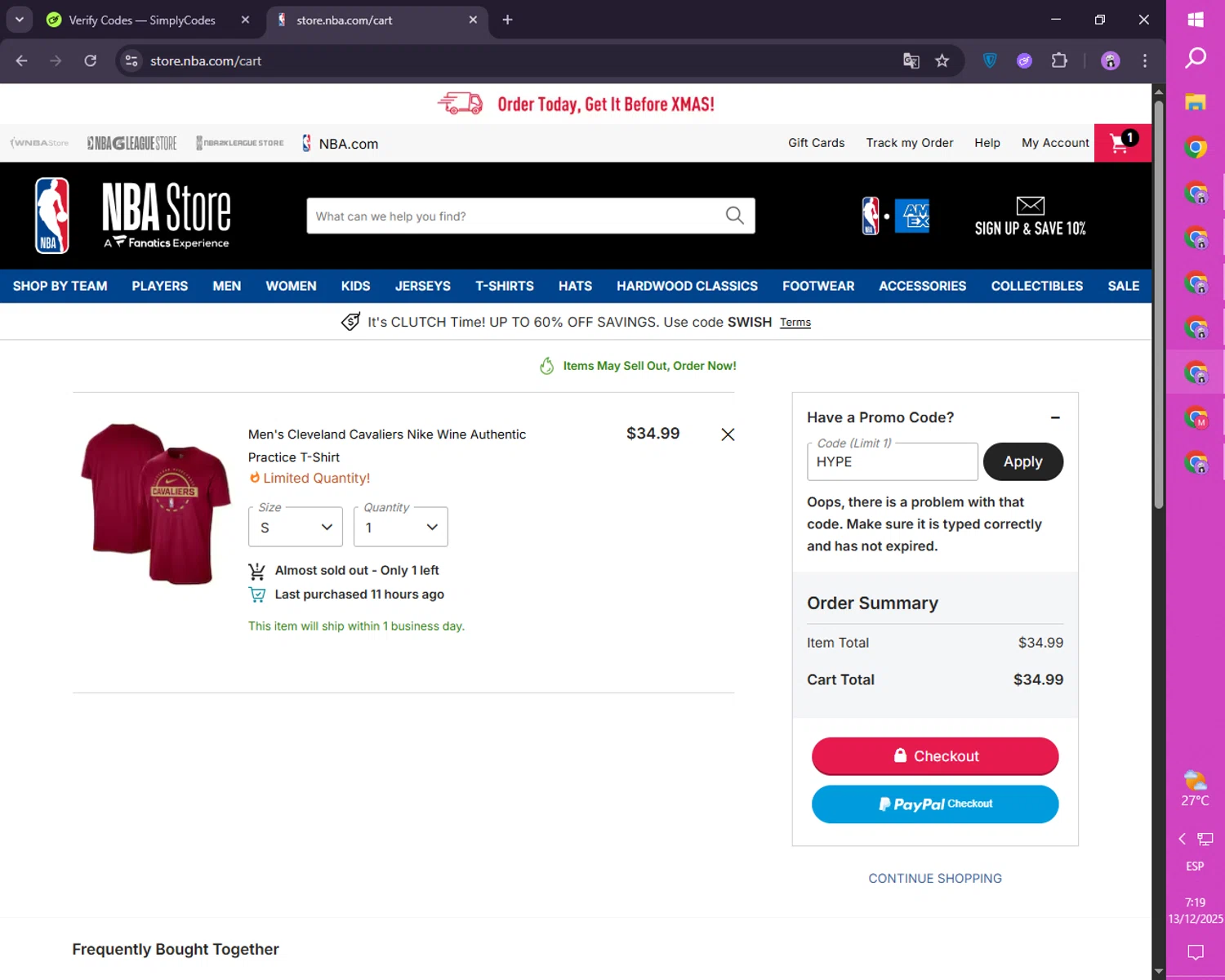 Minnesota Timberwolves promo code screenshot showing code HYPE applied at Minnesota Timberwolves checkout page. Uploaded by SimplyCodes community member SmartLion1183 on Dec 13, 2025