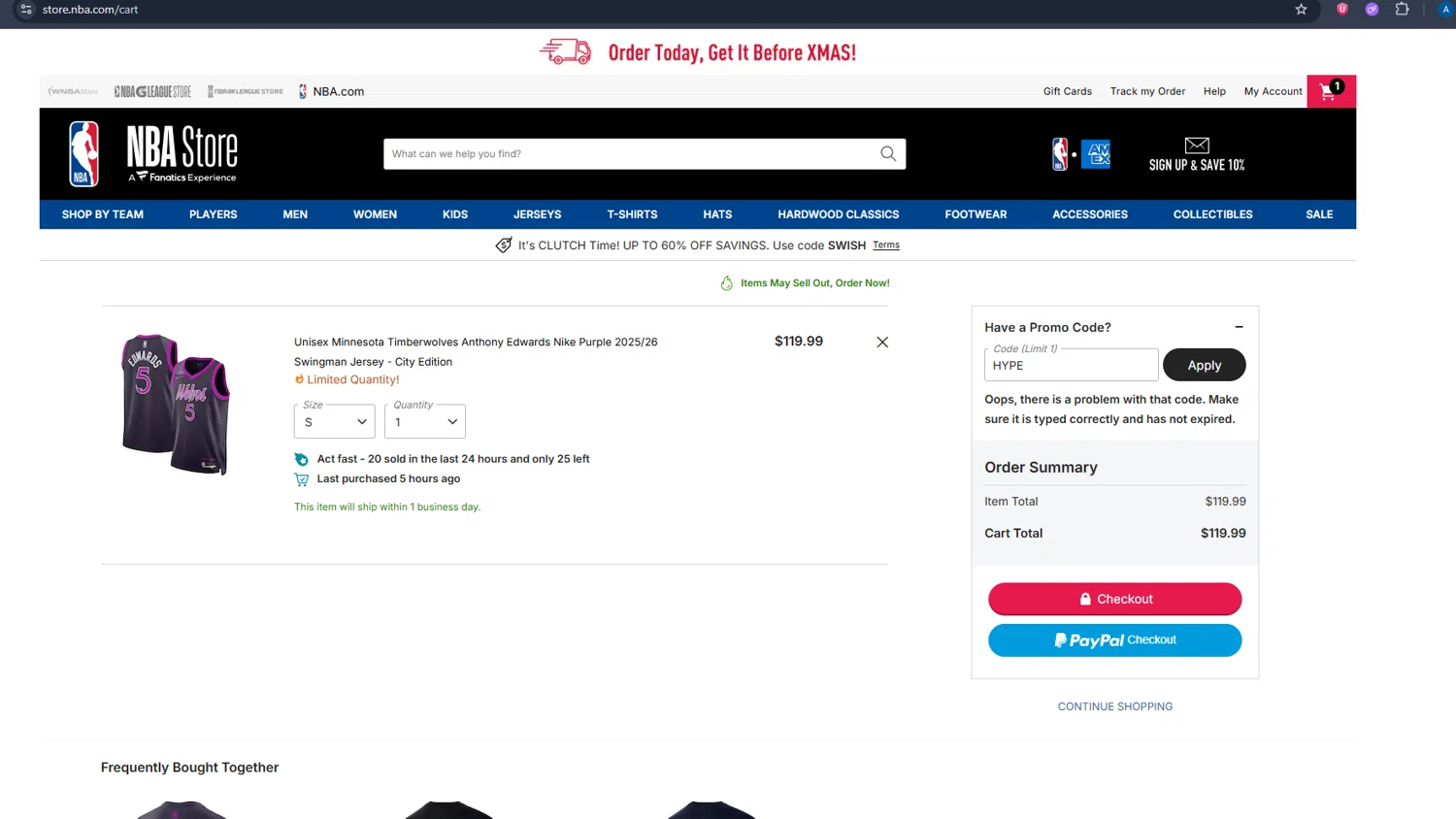 Minnesota Timberwolves promo code screenshot showing code HYPE applied at Minnesota Timberwolves checkout page. Uploaded by SimplyCodes community member ThriftyEagle2472 on Dec 13, 2025