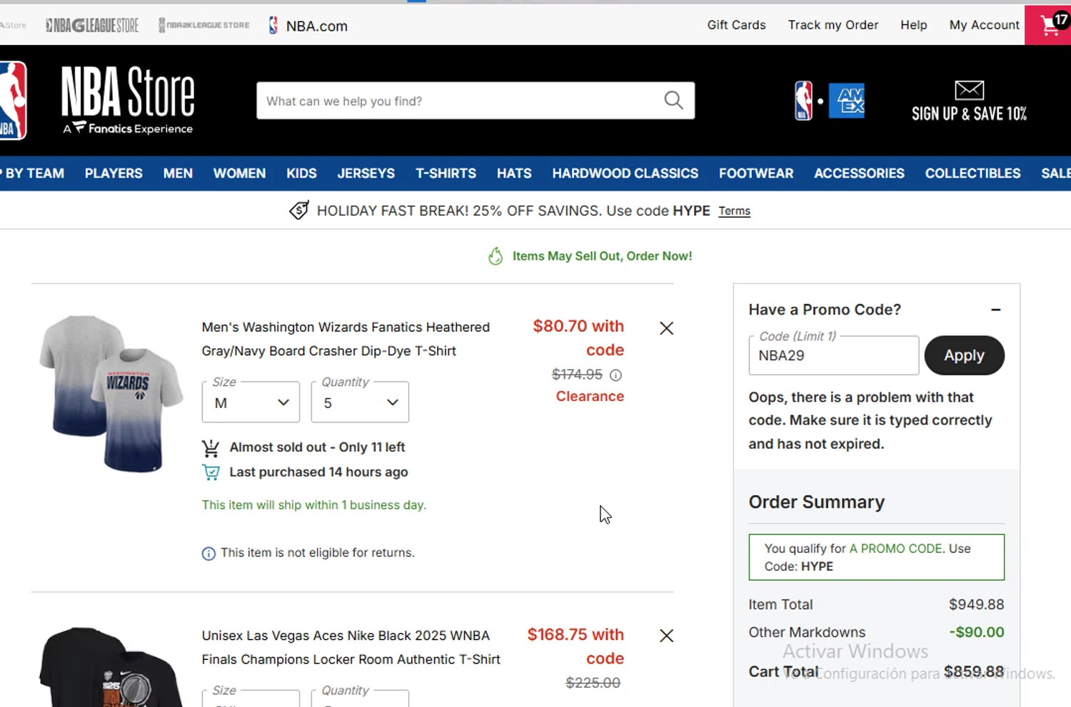 Minnesota Timberwolves promo code screenshot showing code NBA29 applied at Minnesota Timberwolves checkout page. Uploaded by SimplyCodes community member BudgetGuardian5712 on Nov 15, 2025