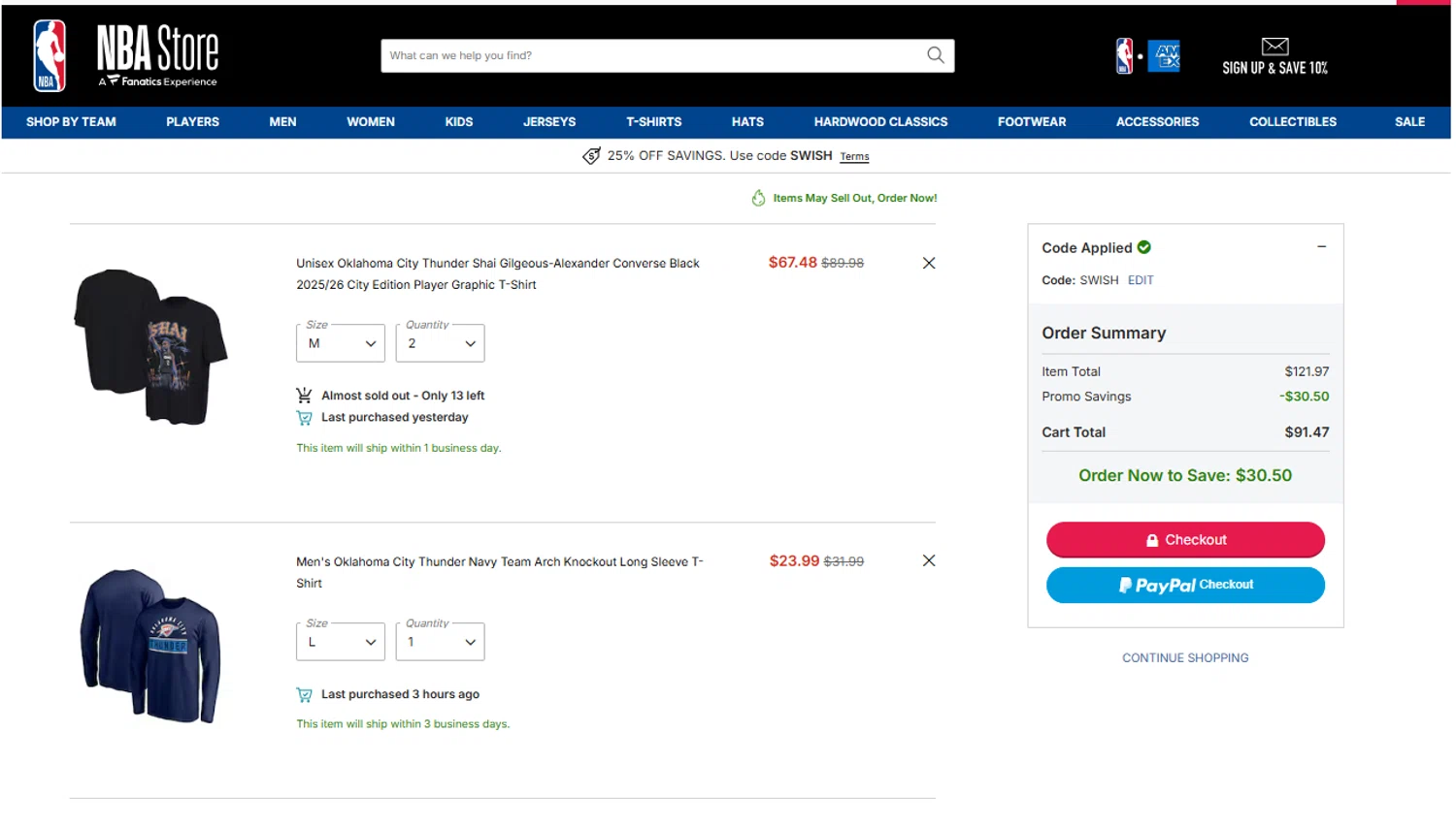 Minnesota Timberwolves promo code screenshot showing code SWISH applied at Minnesota Timberwolves checkout page. Uploaded by SimplyCodes community member Dulce__ on Jan 29, 2026