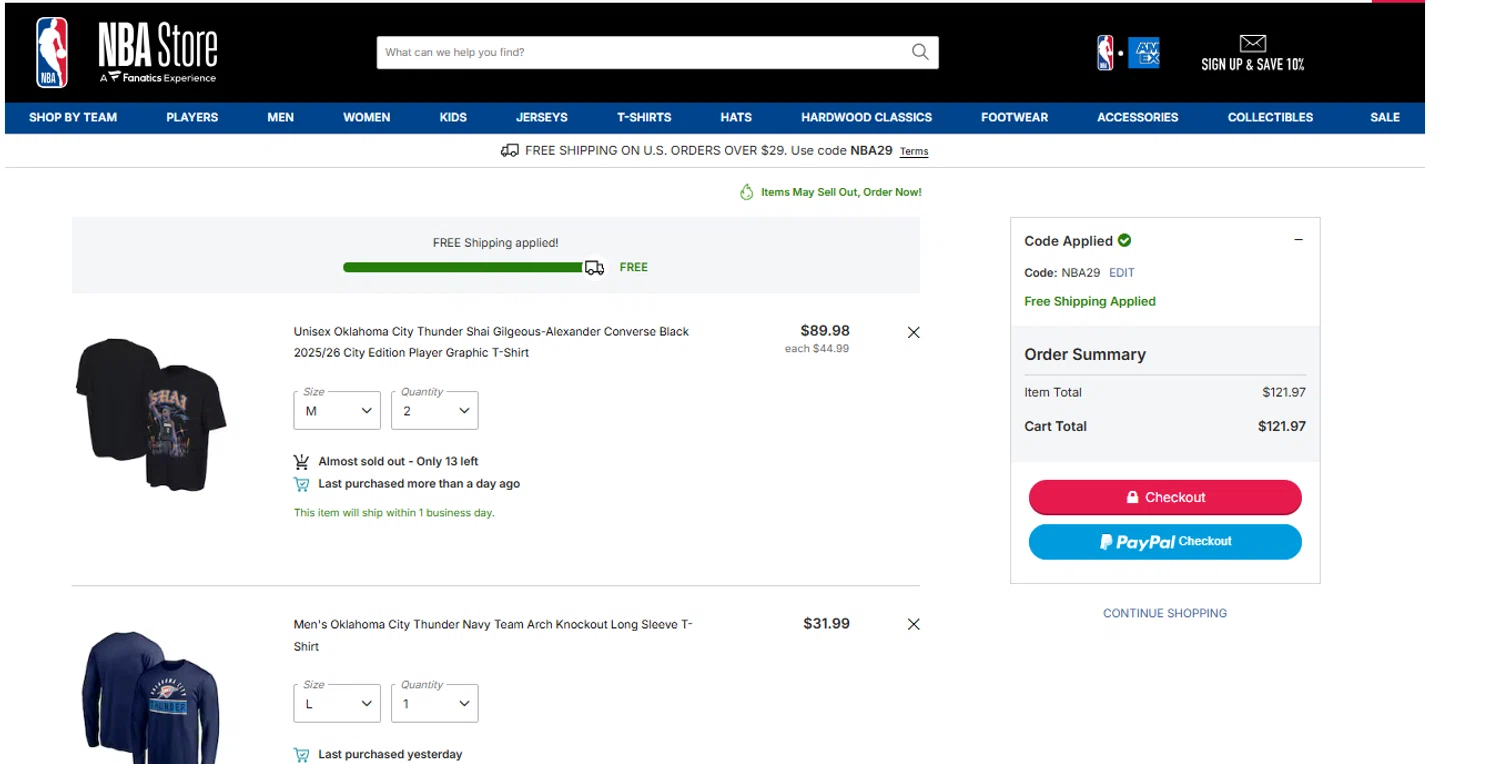Minnesota Timberwolves promo code screenshot showing code NBA29 applied at Minnesota Timberwolves checkout page. Uploaded by SimplyCodes community member Dulce__ on Jan 31, 2026