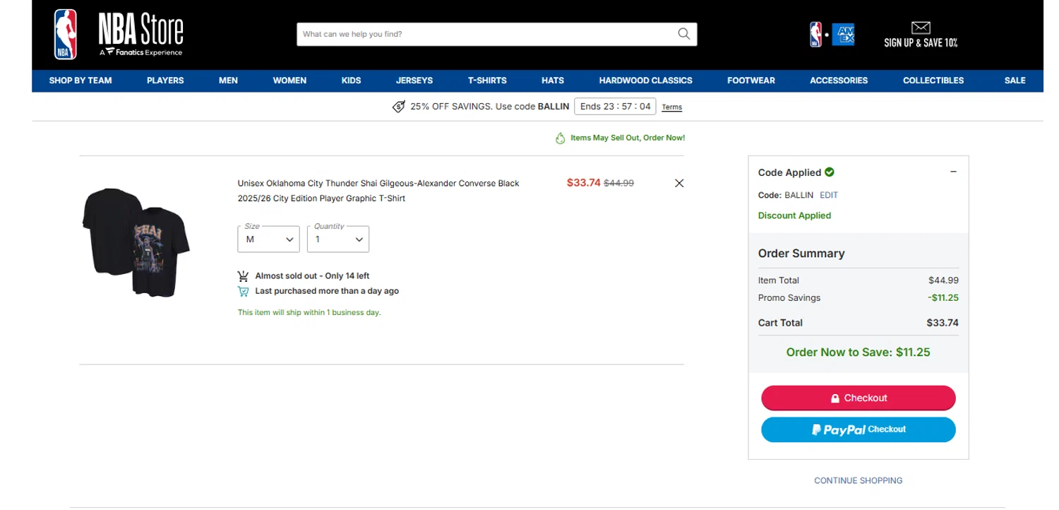 Minnesota Timberwolves promo code screenshot showing code BALLIN applied at Minnesota Timberwolves checkout page. Uploaded by SimplyCodes community member Dulce__ on Jan 23, 2026