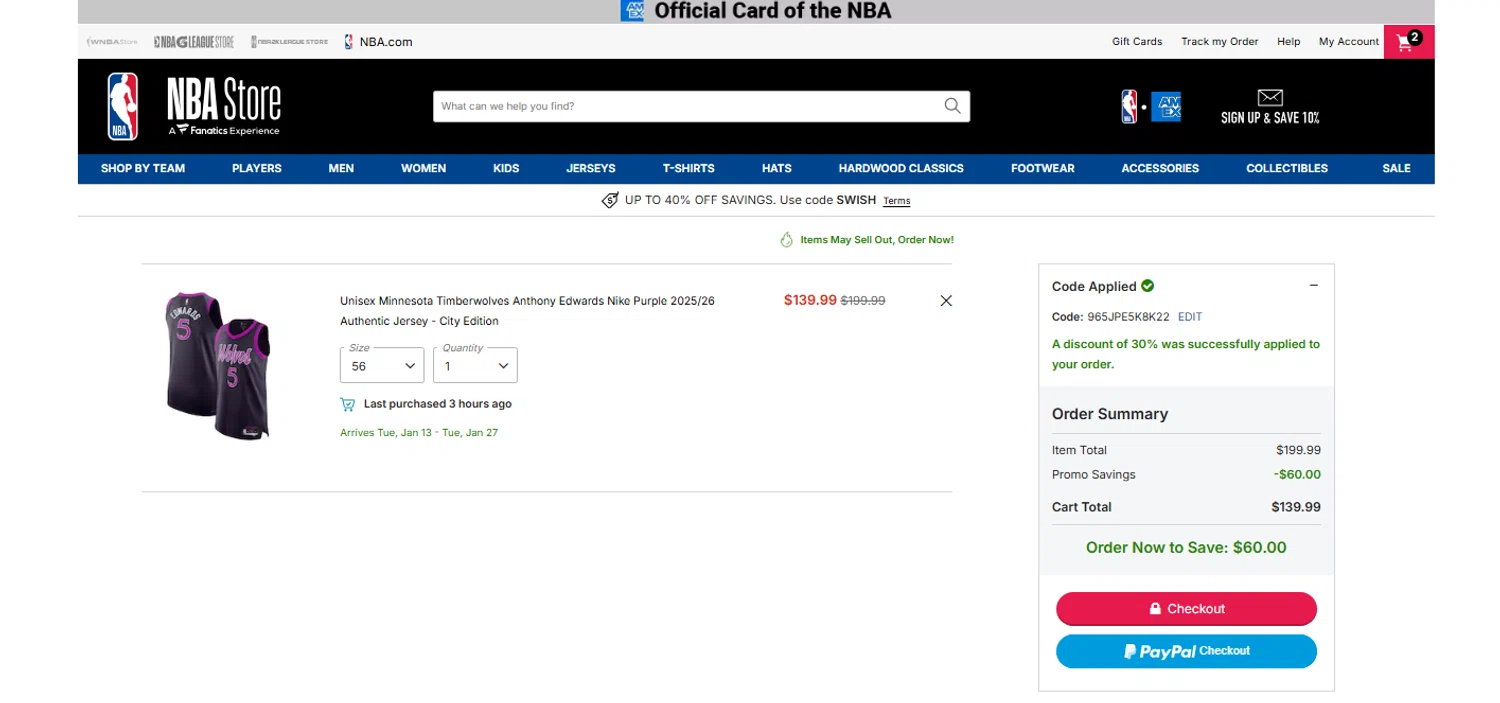 Minnesota Timberwolves promo code screenshot showing code 965JPE5K8K22 applied at Minnesota Timberwolves checkout page. Uploaded by SimplyCodes community member OnlywM on Dec 26, 2025
