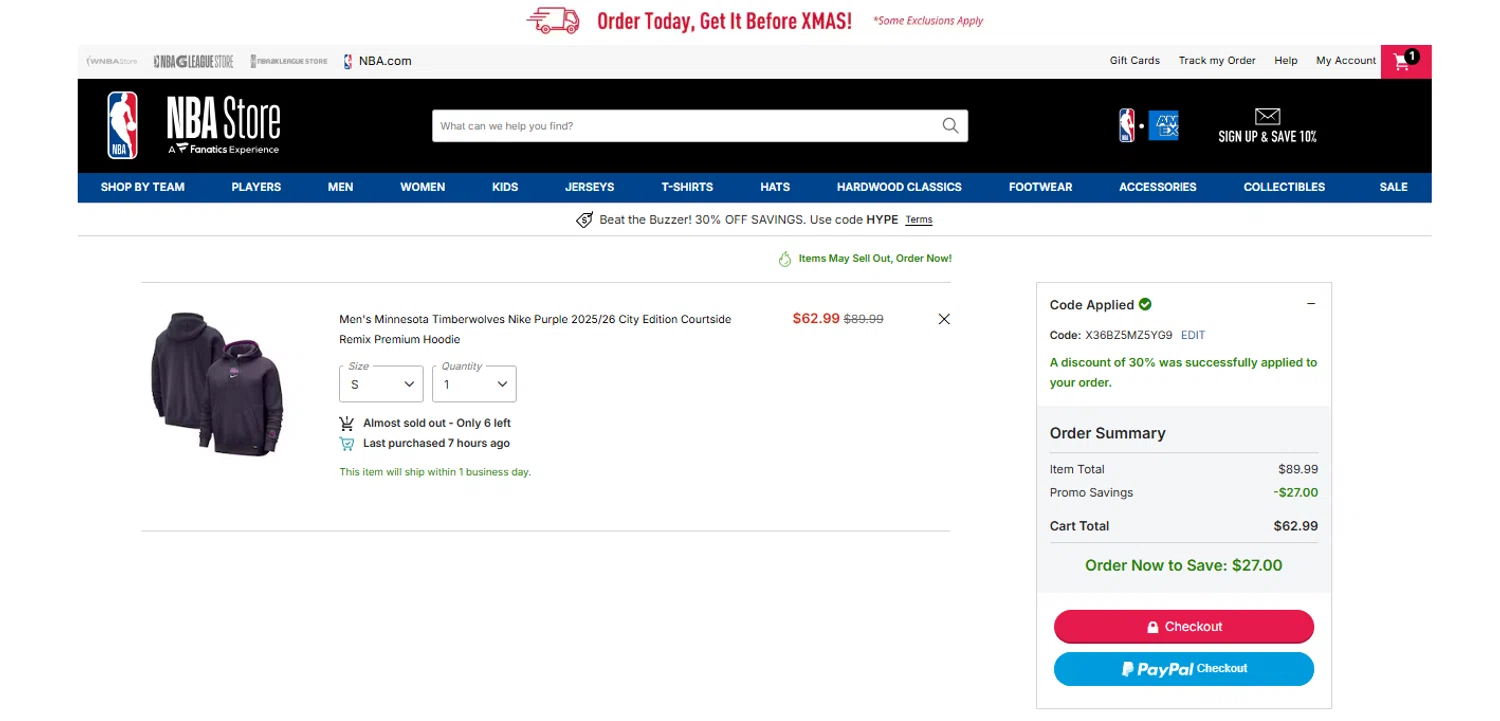 Minnesota Timberwolves promo code screenshot showing code X36BZ5MZ5YG9 applied at Minnesota Timberwolves checkout page. Uploaded by SimplyCodes community member OnlywM on Dec 18, 2025