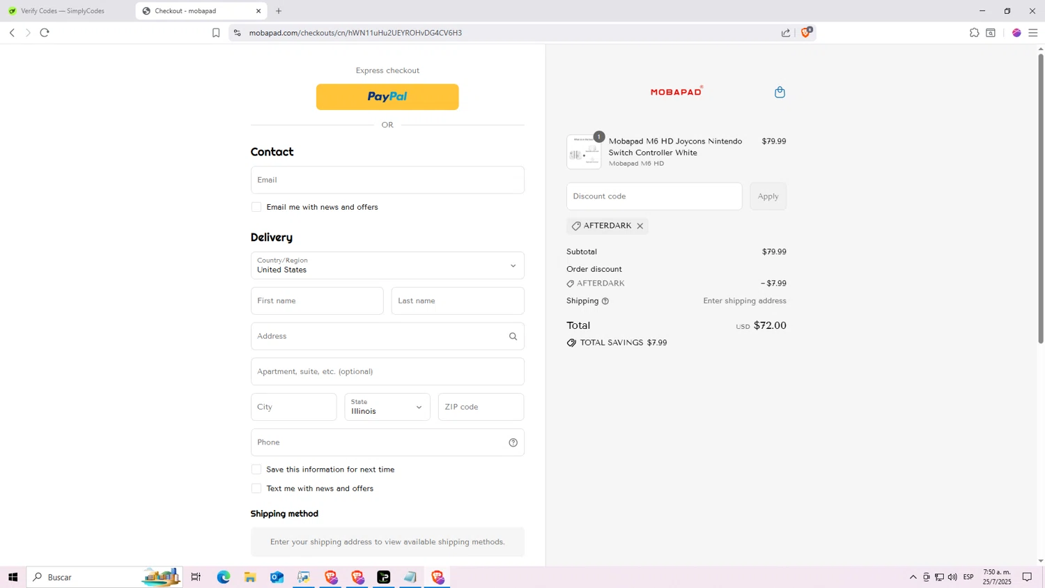 mobapad discount code screenshot showing code AFTERDARK applied at mobapad checkout page. Uploaded by SimplyCodes community member Machi005 on Jul 25, 2025