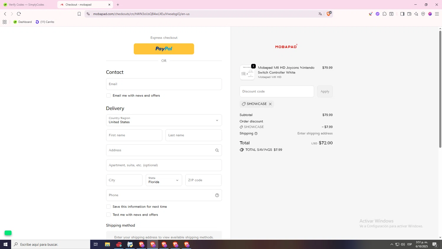 mobapad discount code screenshot showing code SHOWCASE applied at mobapad checkout page. Uploaded by SimplyCodes community member 000000 on Oct 6, 2025