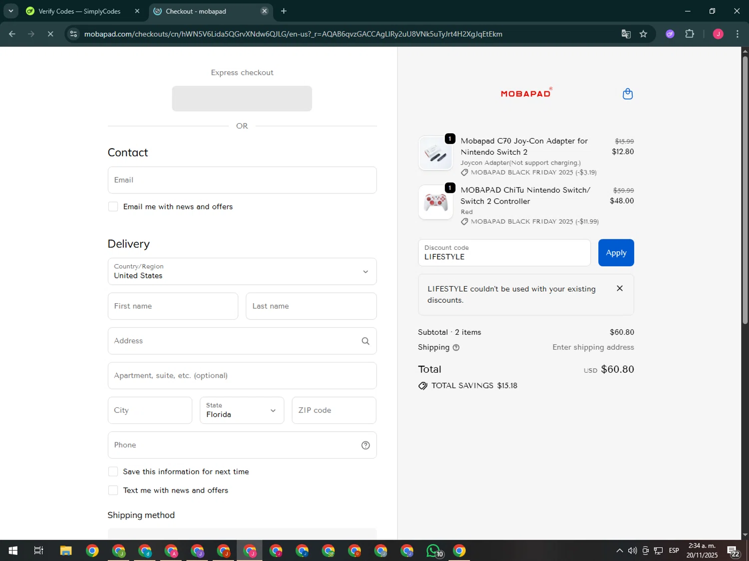 mobapad discount code screenshot showing code LIFESTYLE applied at mobapad checkout page. Uploaded by SimplyCodes community member CleverShopper2101 on Nov 20, 2025