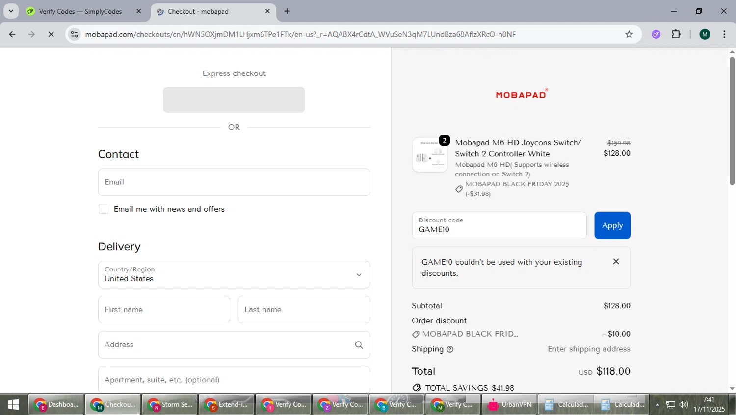 mobapad discount code screenshot showing code GAME10 applied at mobapad checkout page. Uploaded by SimplyCodes community member suieeloves on Nov 17, 2025