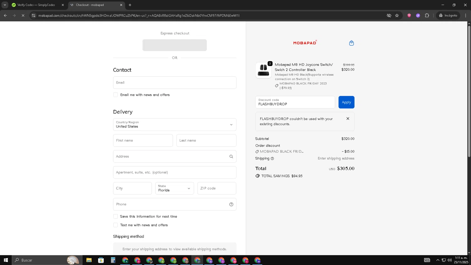 mobapad discount code screenshot showing code FLASHBUYDROP applied at mobapad checkout page. Uploaded by SimplyCodes community member AVATIGRITO on Nov 25, 2025