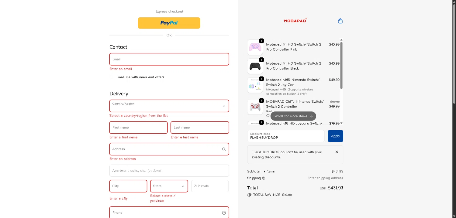 mobapad discount code screenshot showing code FLASHBUYDROP applied at mobapad checkout page. Uploaded by SimplyCodes community member BargainCurator5453 on Dec 5, 2025