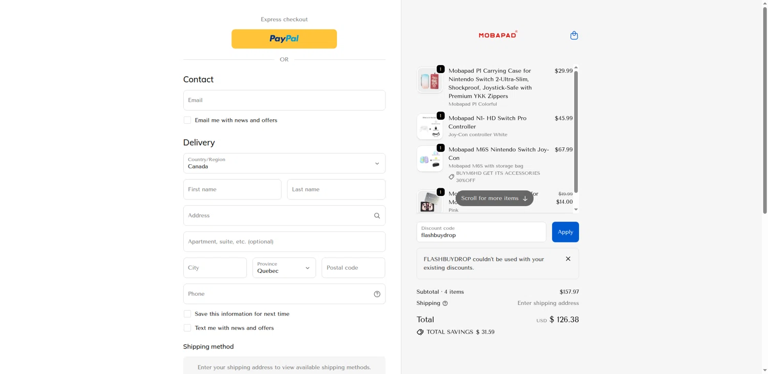 mobapad discount code screenshot showing code FLASHBUYDROP applied at mobapad checkout page. Uploaded by SimplyCodes community member terricameron on Oct 19, 2025