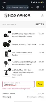 Mob Armor coupon verification screenshot