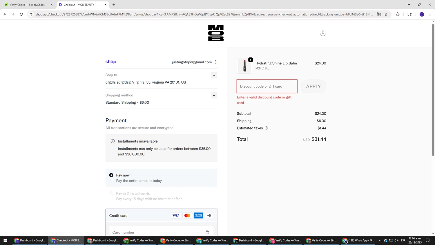 MOB Beauty promo code screenshot showing code MOBLAB20 applied at MOB Beauty checkout page. Uploaded by SimplyCodes community member simplycodesssss on Dec 28, 2025