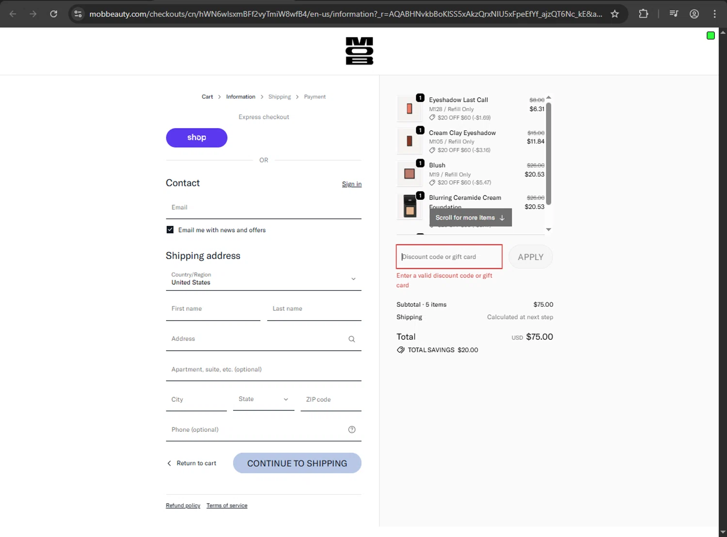 MOB Beauty promo code screenshot showing code JOLLY20 applied at MOB Beauty checkout page. Uploaded by SimplyCodes community member nikelson on Dec 28, 2025