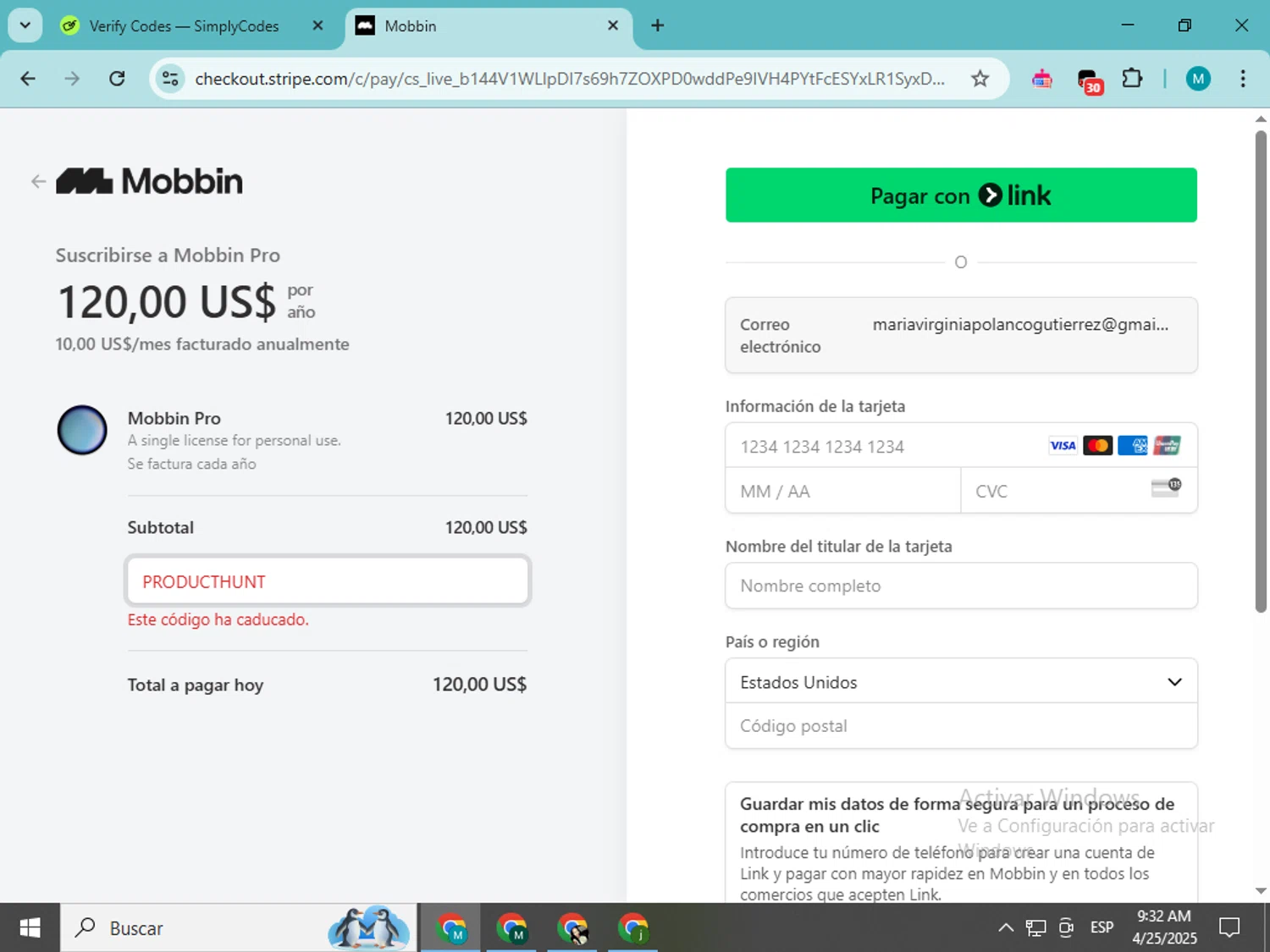 Mobbin promo code screenshot showing code PRODUCTHUNT applied at Mobbin checkout page. Uploaded by SimplyCodes community member estrellaveloz on Apr 25, 2025