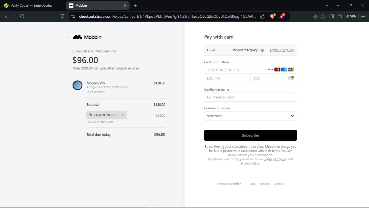 Mobbin checkout page showing Mobbin promo code box | Screenshot taken by SimplyCodes community member on Dec 18, 2024