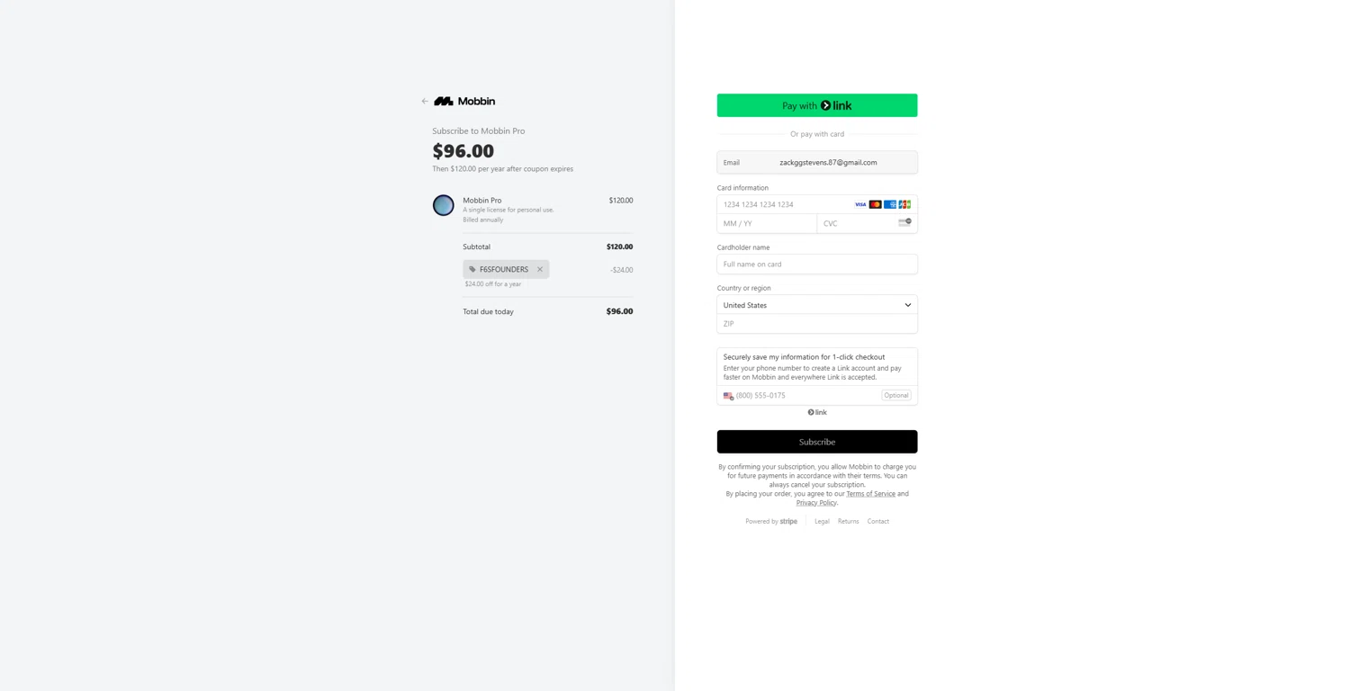 Mobbin checkout page showing Mobbin promo code box | Screenshot taken by SimplyCodes community member on Mar 11, 2025