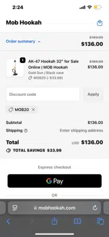 Mob Hookah coupon verification screenshot